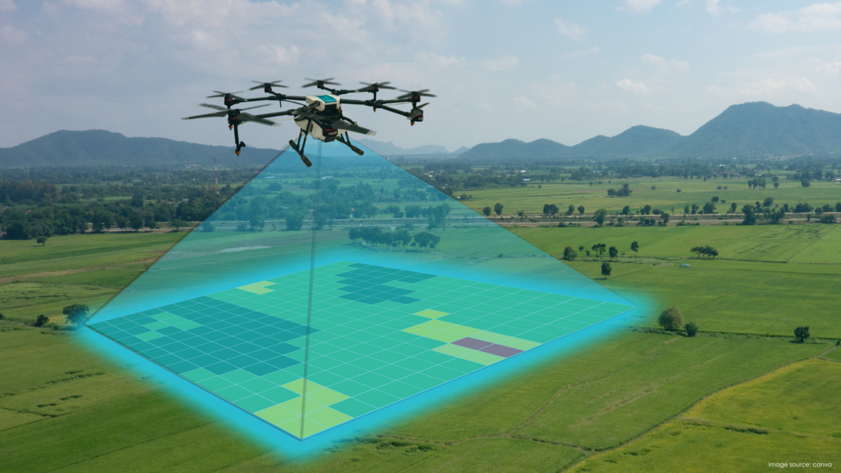 Drone capturing canopy height measurements in a field trial.
