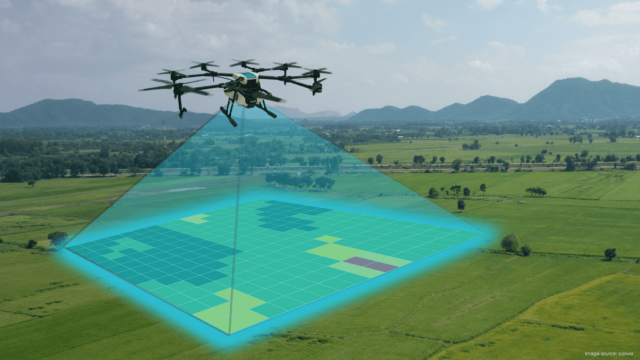 Drone capturing canopy height measurements in a field trial.