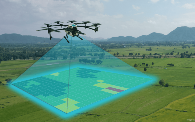 Drone capturing canopy height measurements in a field trial.