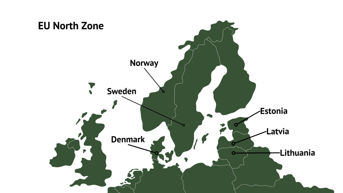A map of the EU North Zone showing Denmark, Estonia, Finland, Latvia, Lithuania, Sweden, and Norway, which collaborate on plant protection product registration and field trials.