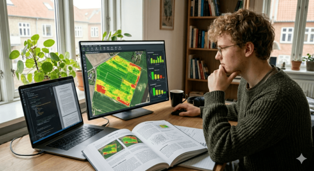 Student intern doing computer vision by analyzing drone images on a computer.